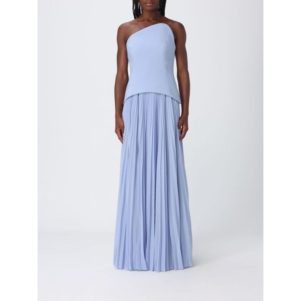 Solace London Pleated Criªpe Long Gown With Asymmetric Neckline